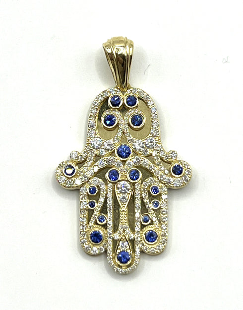 14K Yellow Gold & Diamond Khamsa with Sapphire Stones Necklace